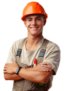 A man in an orange hat and overalls with his arms crossed.